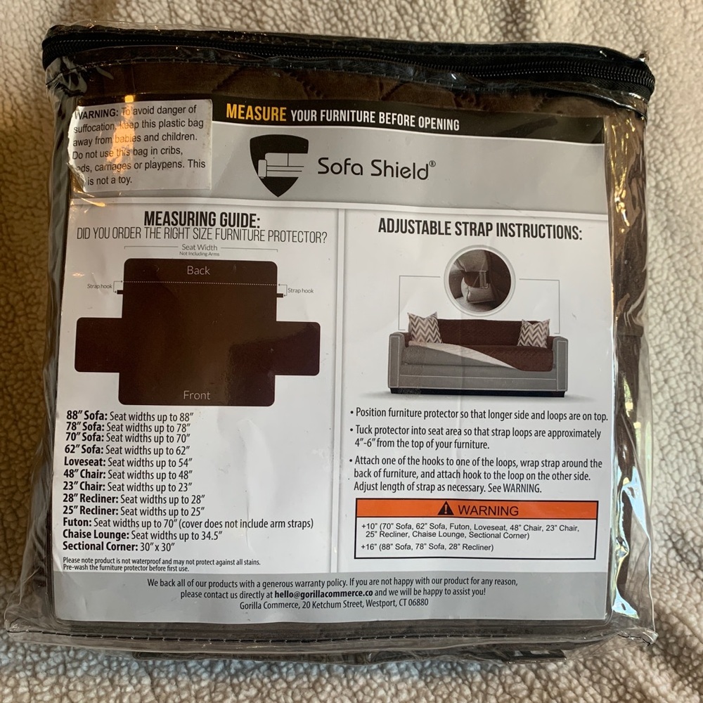 Sofa Shield Reversible CHOCOLATE 28” Recliner Diamond Pattern Cover w/ strap.